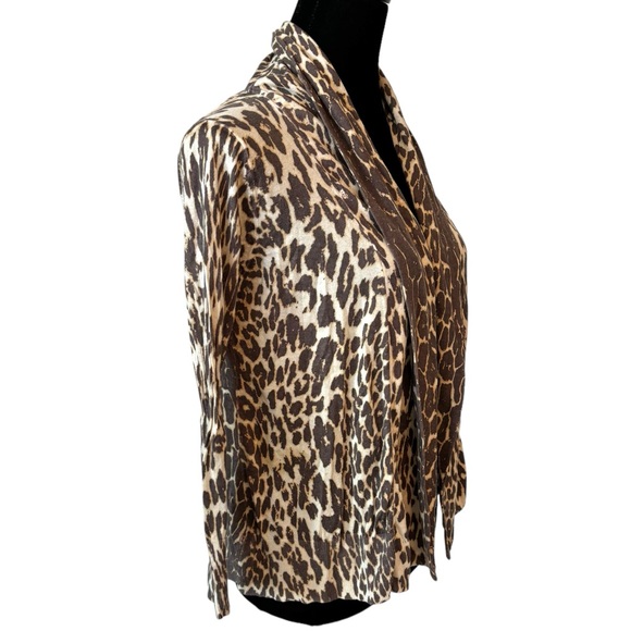 🎁 Elie Tahari Brown Leopard Print Babydoll Silk Cashmere Cardigan Sweater - Picture 3 of 6